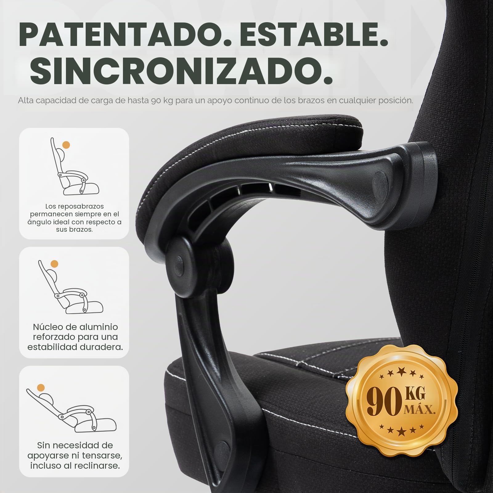 Dowinx Silla Gaming de Tela con Reposapiés Abatible y Extraíble, Silla Ergonómica para Oficina con Cojín de Gel y Muelles Ensacados, Silla Gamer Reclinable con Soporte Lumbar, para Adultos, Negro