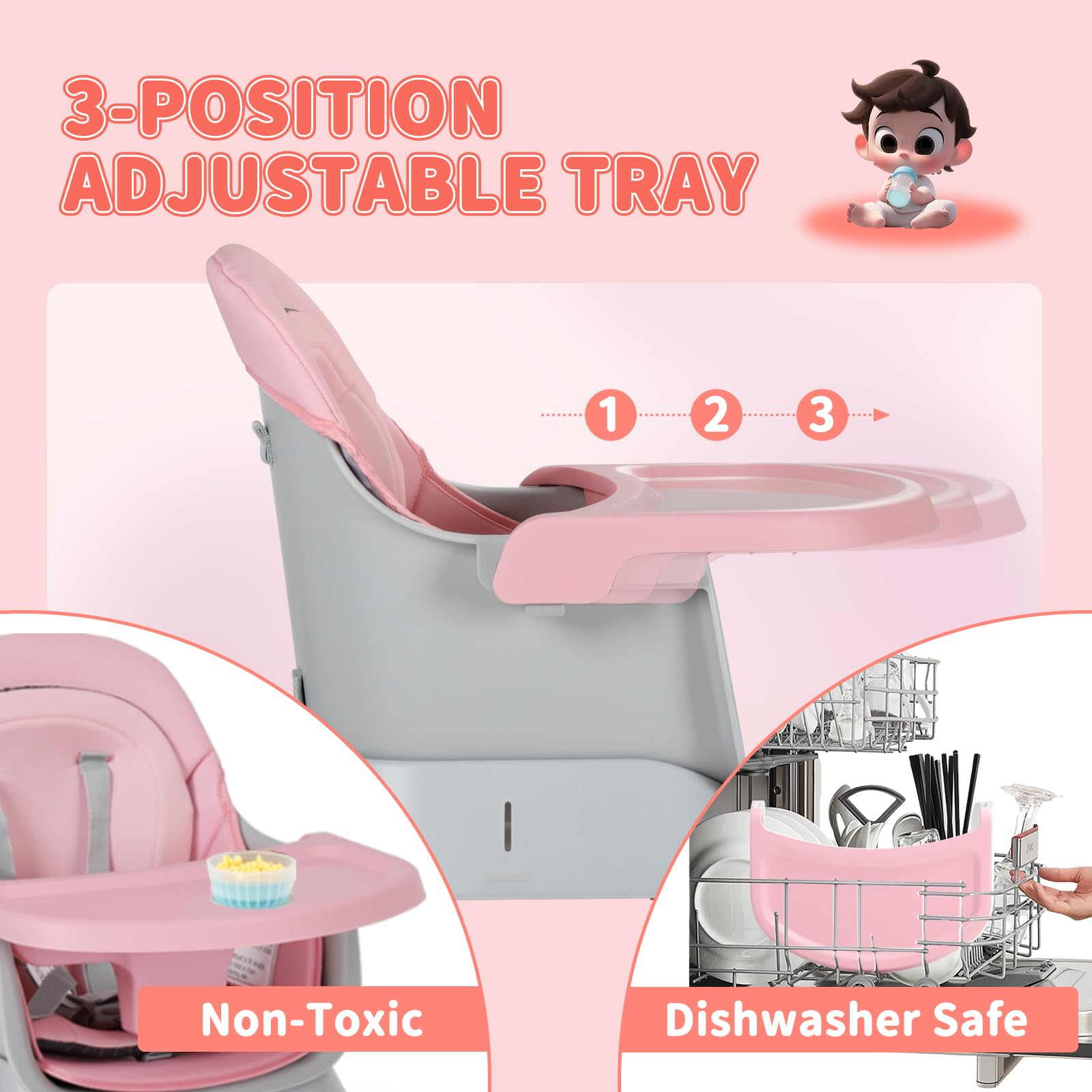 Kinder King 8 in 1 Baby High Chair, Coverts to Dining Booster Seat/Kids Table & Chair Set/Toddler Building Block Table/Kids Stool, Removable Tray & Double Seat Cover, Easy to Wipe, Grey & Pink