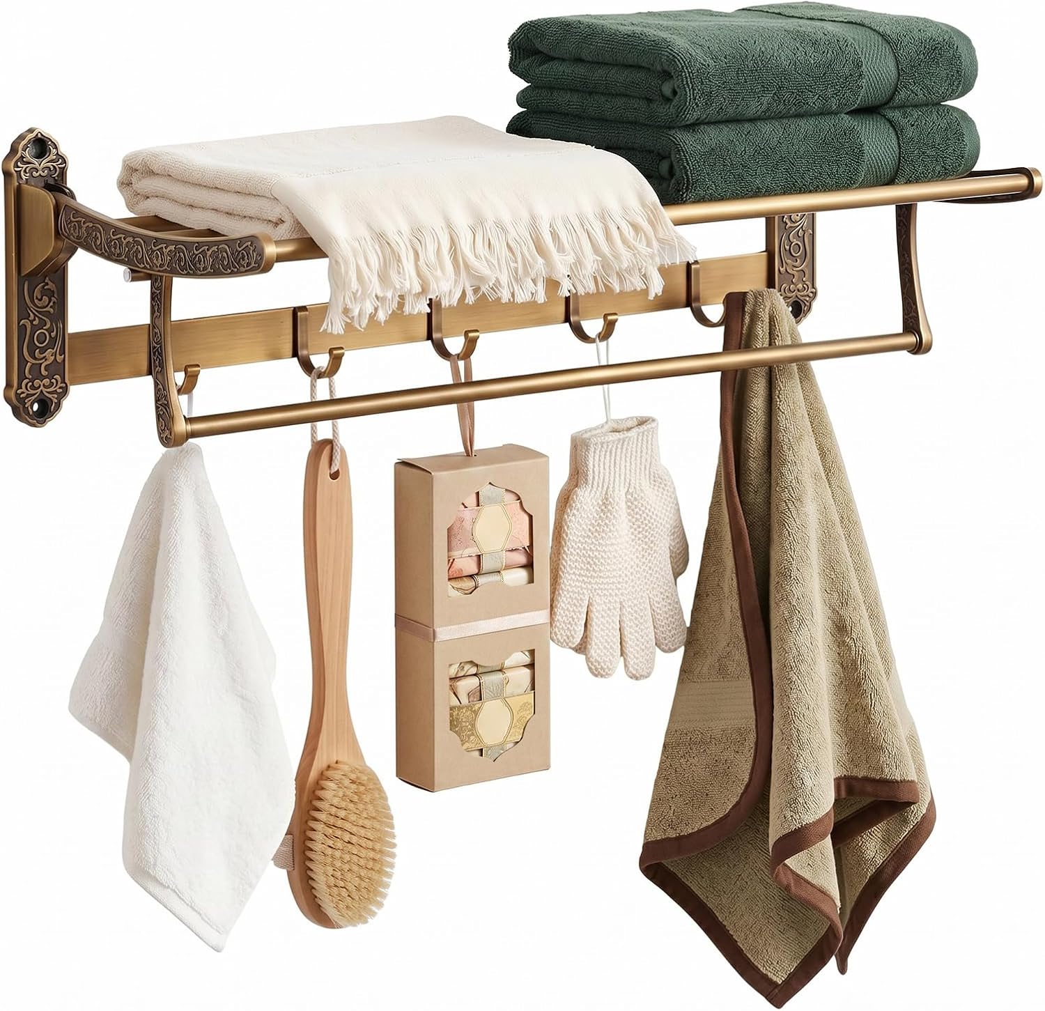 15.7"- 26.7" 2-Tier Antique Style Brass Foldable Towel Rack with Hook, Gold