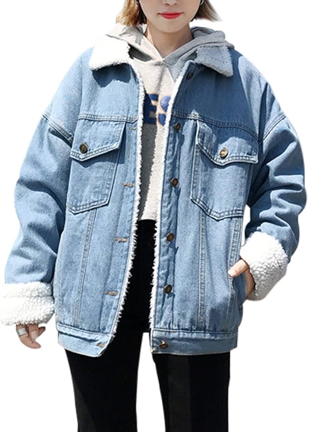 21 Everyday Ways to Wear a Jean Jacket 4 Jenkoon Women's Oversized Thick Warm Sherpa Fur Lined Denim Trucker Jacket Boyfriend Jean Coat (Light Blue, X-Large)