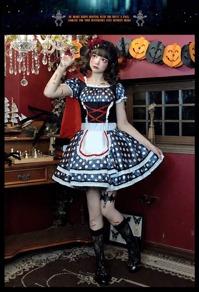 [milky time] 赤ずきん コスプレ ハロウィン ワンピース マントセット ロリータ 大人 ウェイトレス風 ミニ丈 ドット柄