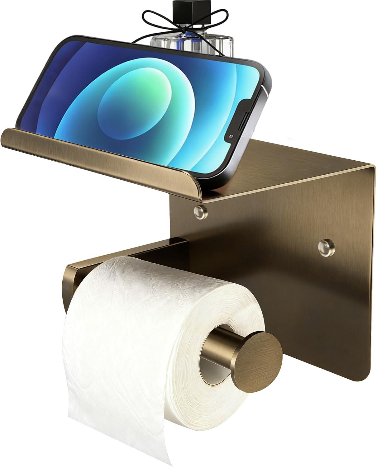 Bronze Toilet Paper Holder with Shelf, SUS304 Stainless Steel Rustproof Wall Mount Toilet Paper Roll Holder, Screw Bathroom Toilet Paper Holder for Kitchen, Washroom, RV