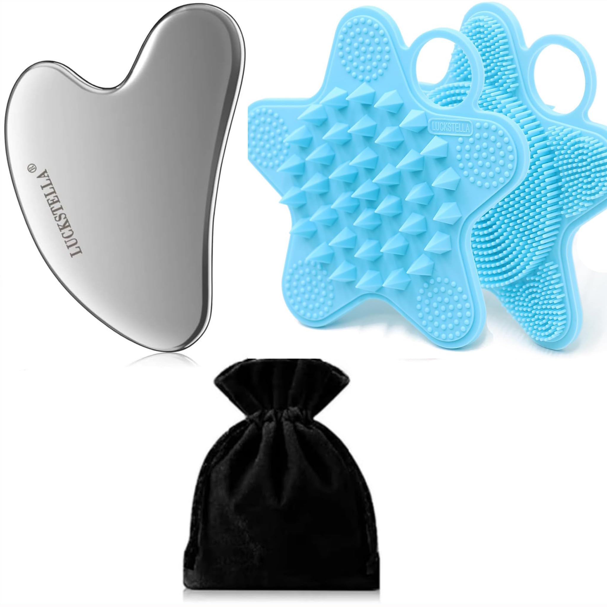 Silicone Body Scrubber, Dual-Sided Bath Brush, Stainless Steel Gua Sha Set