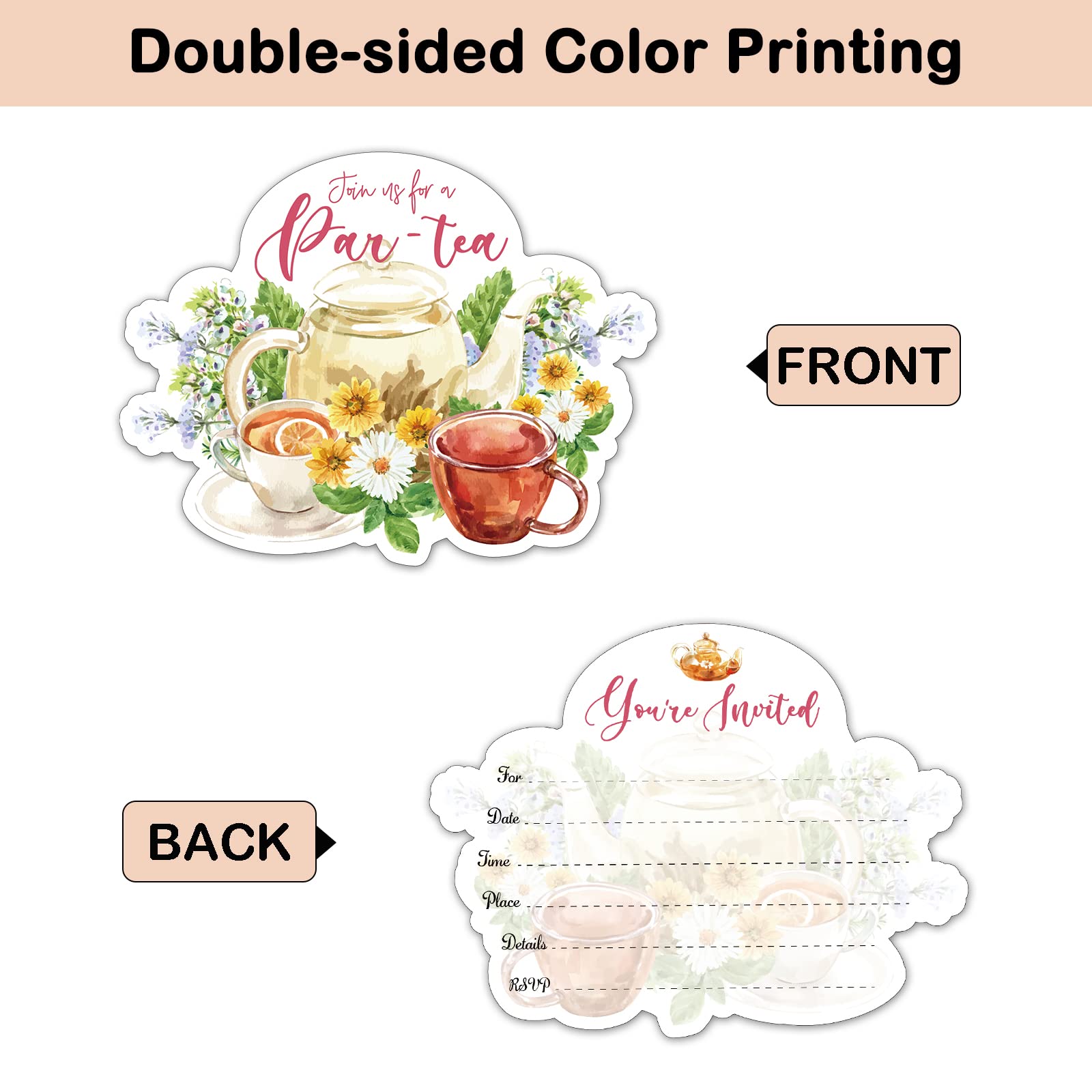 REWIDPARTY Floral Tea Party Invitations with Envelopes & Stickers?Set of 15? Let's Par-Tea Shaped Fill-in Invitations High Tea Theme Invites Garden Tea Cup Time Bridal or Baby Shower Party Supplies