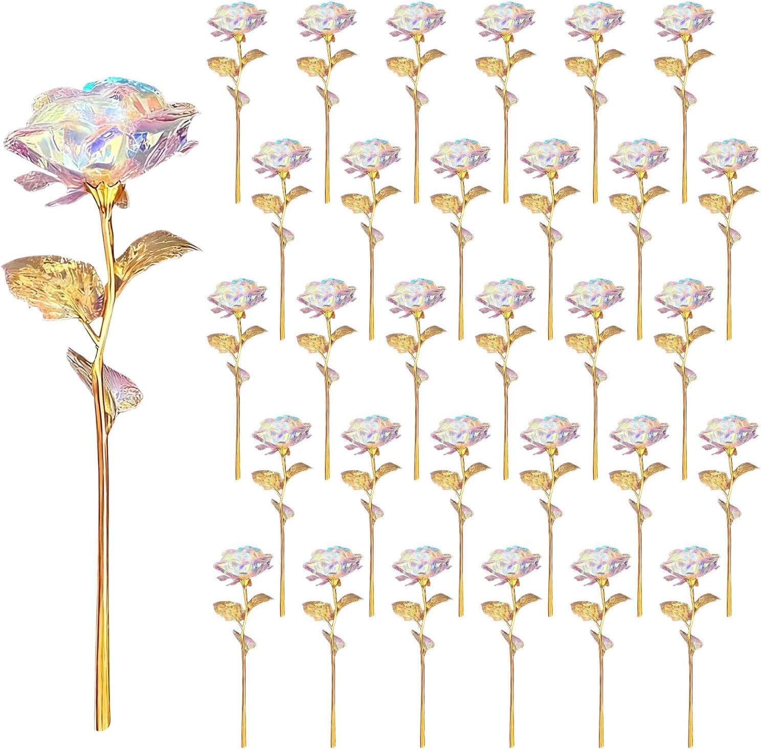 30 Pcs Galaxy Rose Flowers Crystal Rose for Women Mom Wife Rainbow Artificial Flowers Fake Glass Flowers with Stems Birthday Wedding Decor