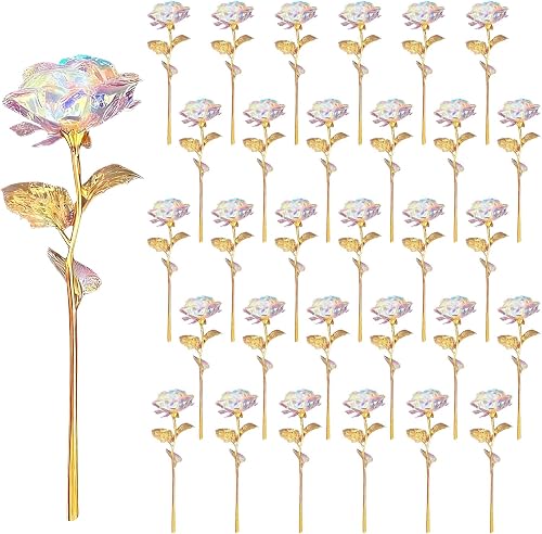 30 Pcs Galaxy Rose Flowers Crystal Rose for Women Mom Wife Rainbow Artificial Flowers Fake Glass Flowers with Stems Birthday Wedding Decor