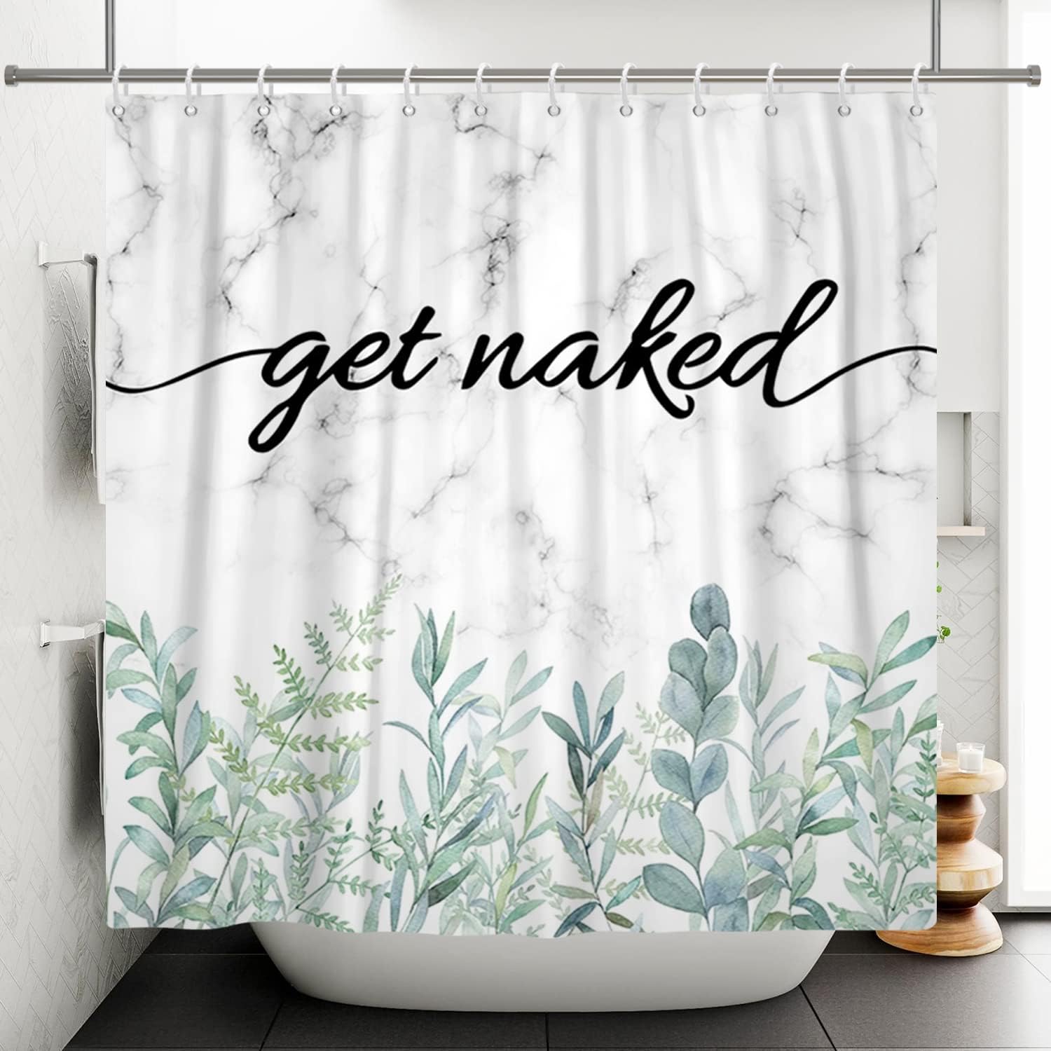 Funny Get Naked Shower Curtain Marble Design Watercolor Green Eucalyptus Leaves Shower Curtain Cute Grey and White Bathroom Decor with 12 Hooks, 72x72 Inch