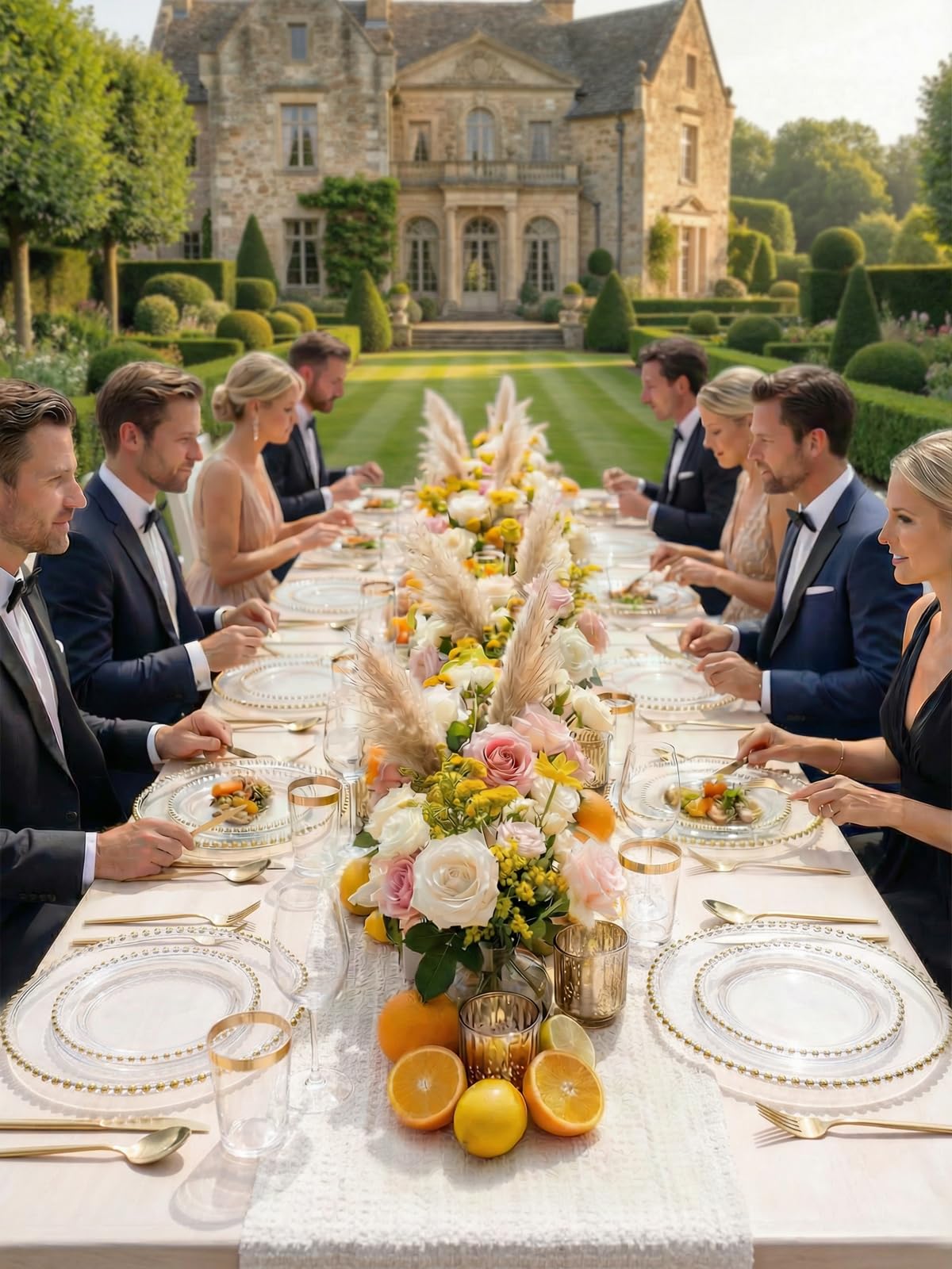 supernal Service de table doré transparent 180 pièces pour fête de mariage | Assiettes en plastique transparent avec bord perlé doré, assiettes jetables élégantes avec argenterie en plastique doré et