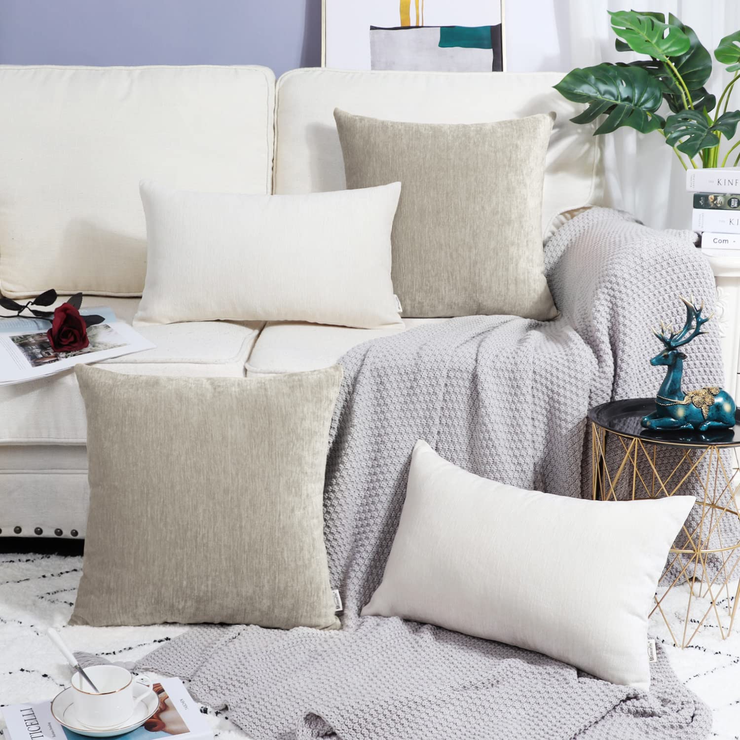 BRAWARM Chenille Throw Pillow Covers 18x18 Inches - Taupe Chenille Pillow Covers Pack of 2, Solid Dyed Soft Chenille Pillow Cases for Couch Sofa Bed Home Decoration