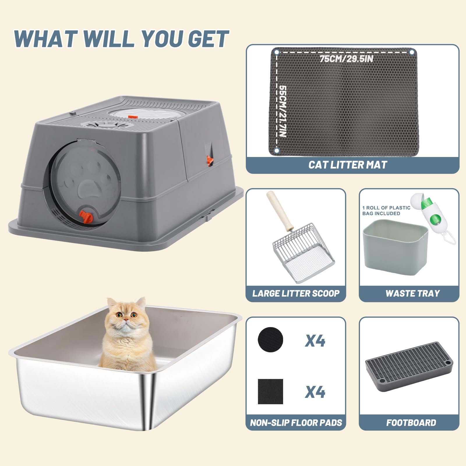 Arenero Gato Acero Inoxidable XXL, Arenero Gato Grande - Arenero de Metal para Gatos Grandes con Bordes Altos, Superficie Antiadherente, 60 x 40 x 40 cm Gris