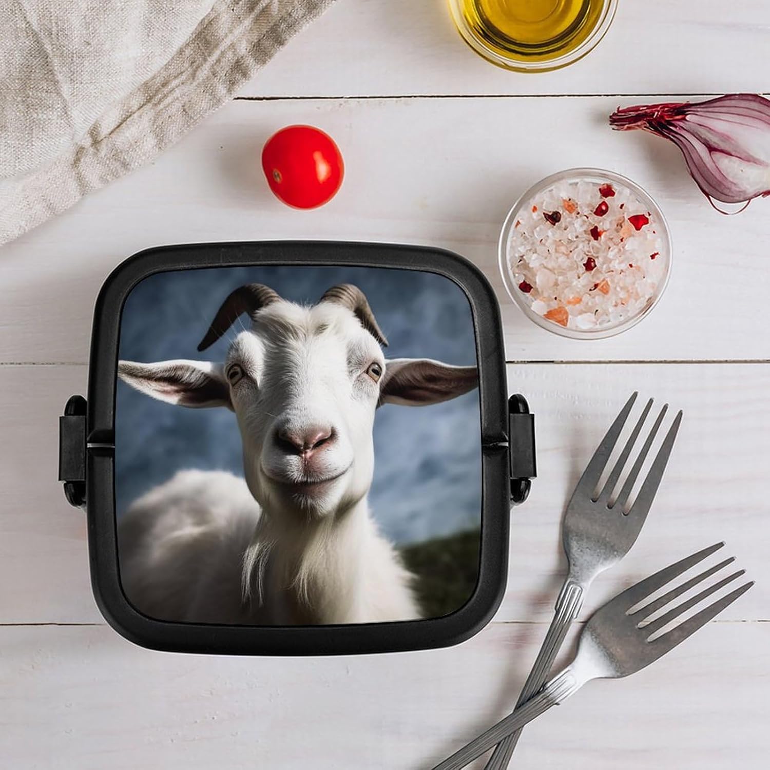 Goat Bento Box Adult Lunch Box All-in-One Lunch Containers with Removable Compartments Double Layer Bento Lunch Box with Spoon And Handle Stackable Lunchbox