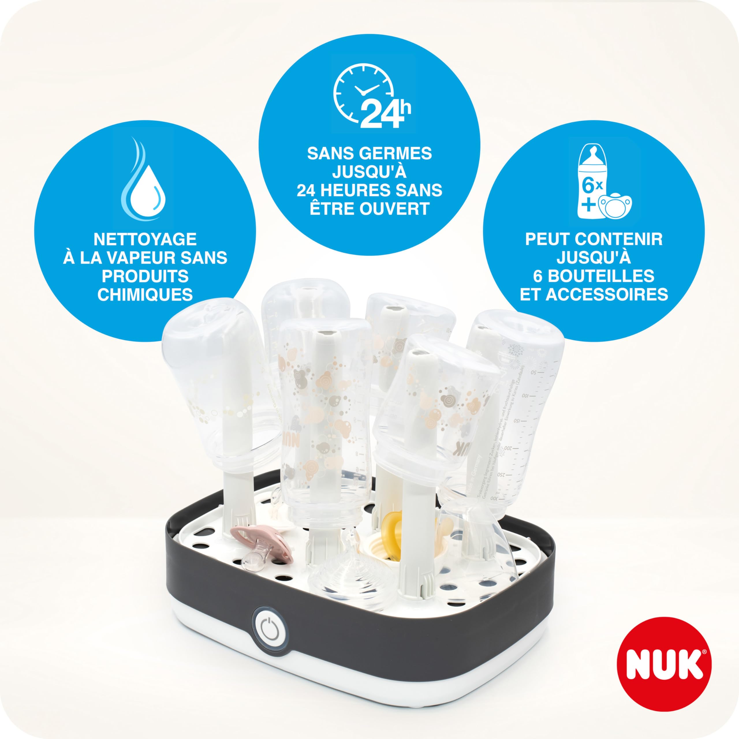 NUK Vario Express Stérilisateur de Biberons | Arrêt Automatique | Jusqu'à 6 Bouteilles + Accessoires en 6 Min