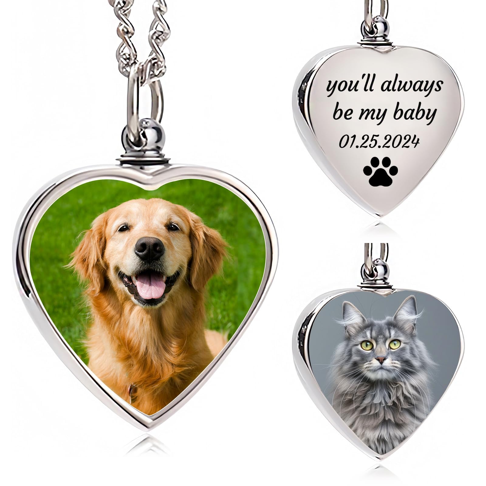 Custom Pet Urn Necklace for Ashes, Personalized Dog or Cat Memorial Jewelry with Photo & Text, Double-Sided Cremation Pendant, Waterproof Keepsake