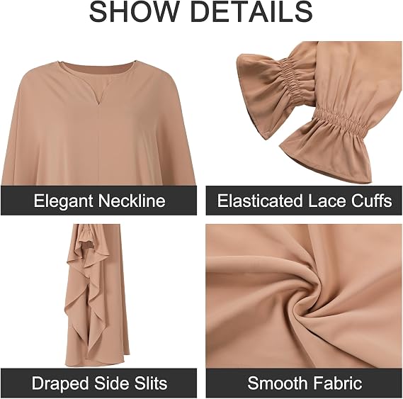 2PCS Women's Muslim Abaya Dress Lace Cuffs Islamic Dubai Prayer Robe Smooth Flowy Muslim Women Clothes
