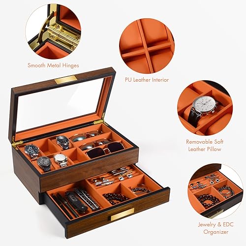 Miniatura 5 de ikkle Caja organizadora de relojes para hombres, 6 ranuras, vitrina de lujo para relojes, organizador de joyas de madera con cajón soporte de reloj