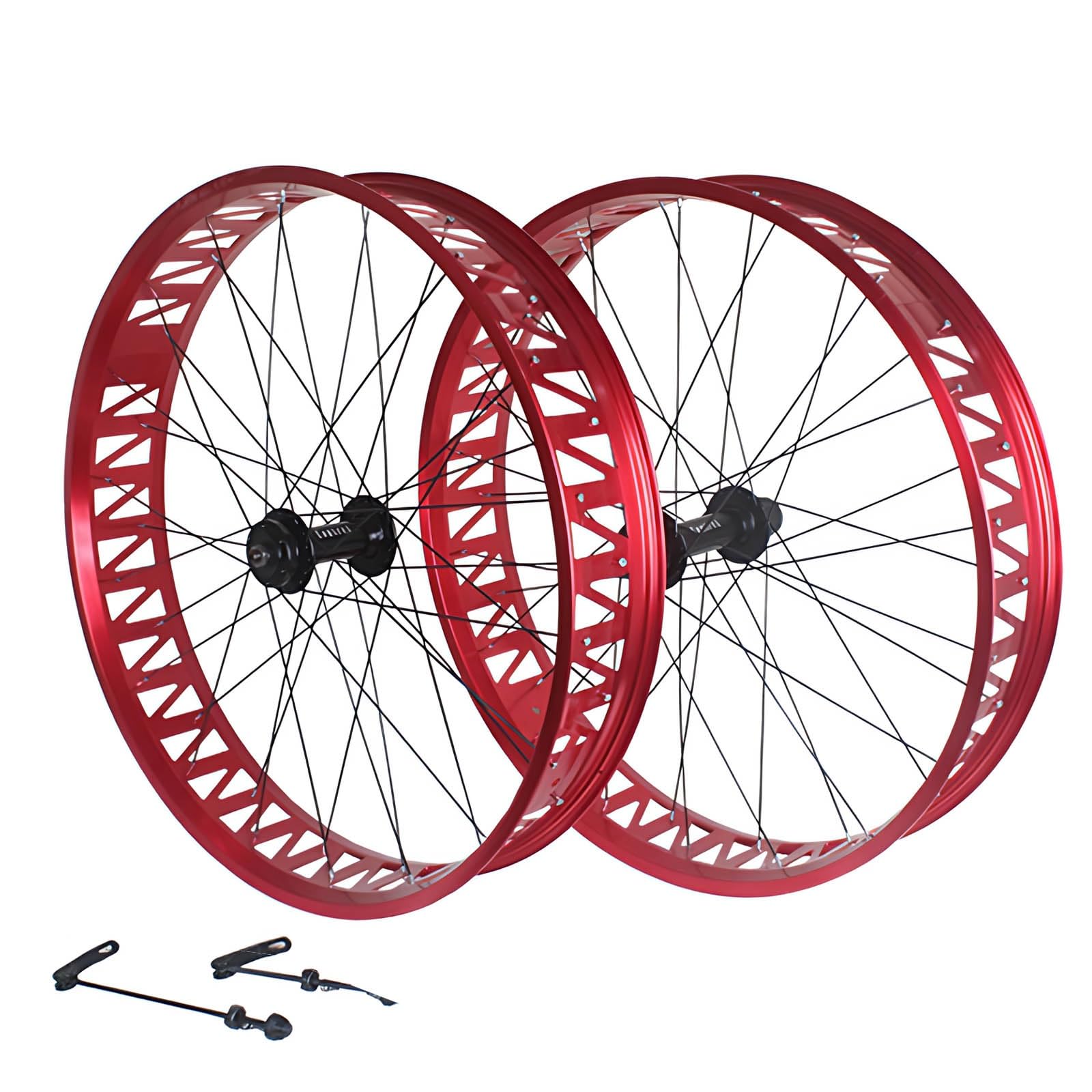 ZXGSXIOU 26in Fat Bike Front Wheel 4.0/4.9'' Tire Snow Rear Aluminum Alloy Beach Wheelset Disc Brake Hubs QR 135mm/190mm 36H For 7-12S Cassette Freewheel(Red,26in A pair)