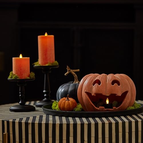 Miniatura 5 de Luminara Jack-o'-Lantern - Portavelas de calabaza – naranja 10 x 6.75 pulgadas – Cepillo seco de resina para Halloween, otoño, cosecha, festival