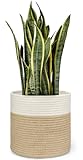 Dahey Jute Spliced Cotton Rope Plant Basket Modern Woven Storage Basket for 10.5" Floor Indoor Planter, Decorative Flower Pots Cover Laundry Bin with Handle Rustic Home Decor, White and Beige