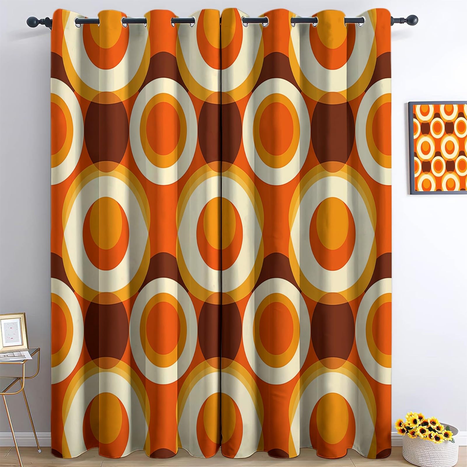 Motif à bulles rétro marron et orange Rideau Occultant - Rideaux Thermique Isolant Anti Froid Anti UV 2 Pièces 91.5 X 214 cm (LxH) Tenture Opaque à Oeillets pour Chambre Salon Cuisine Decoration