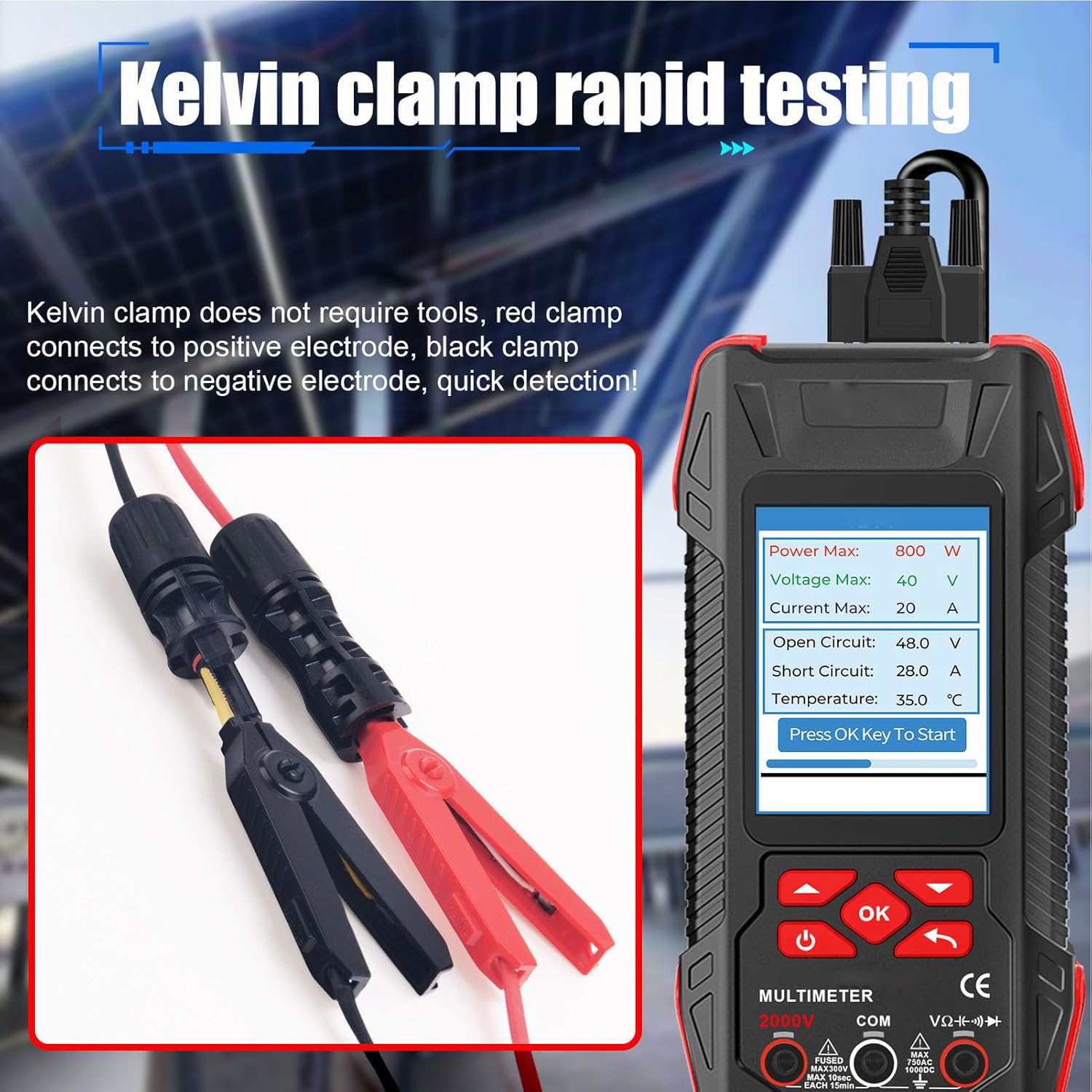 Solar Panel Tester, 60000 Count 2000w Photovoltaic Multimeter Ac Dc High Voltage Range Solar Mppt Meter with Backlight LCD Screen for Solar Pv Testing