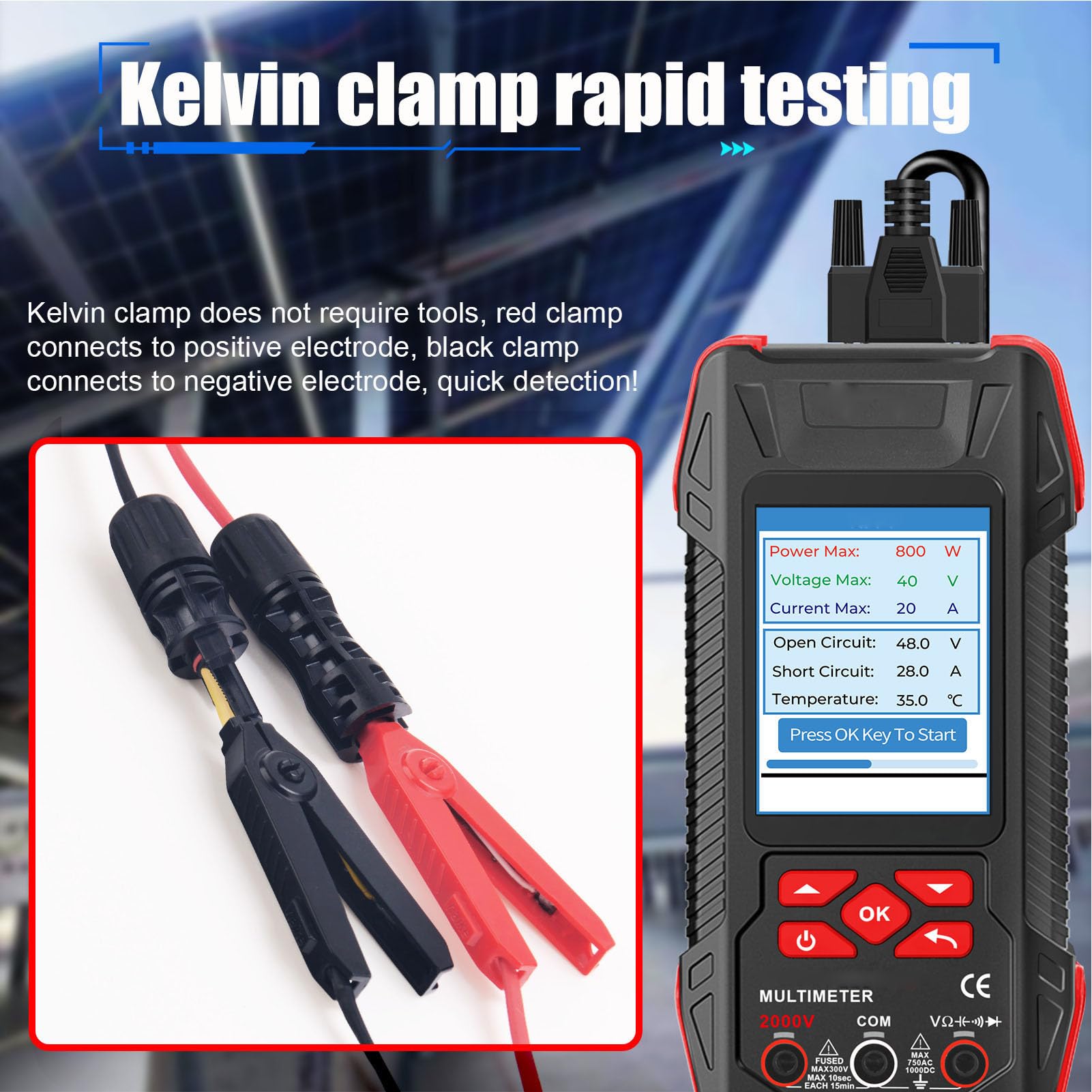 Tester paneli słonecznych 2000 W Multimetr fotowoltaiczny, przenośne narzędzie 2 w 1, zakres wysokiego napięcia AC DC do testowania fotowoltaiki słonecznej