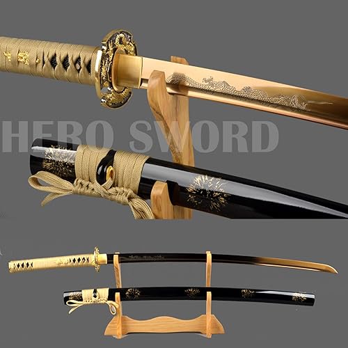 Miniatura 4 de Espada samurái japonesa hecha a mano con hoja de oro, grabado a mano, Katana de dragón dorado, espiga completa, afilada, puede cortar árboles de