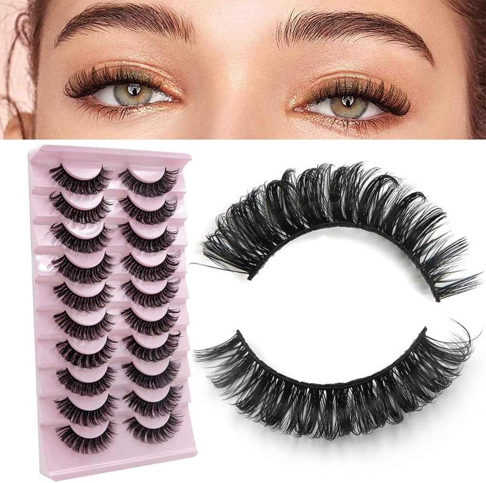 10 Pairs False Eyelashes - Russian Strip Lashes,Thick DD Curl Fluffy Wispy Faux Mink Lashes Reusable Natural Soft Eye Lashes (D-003)