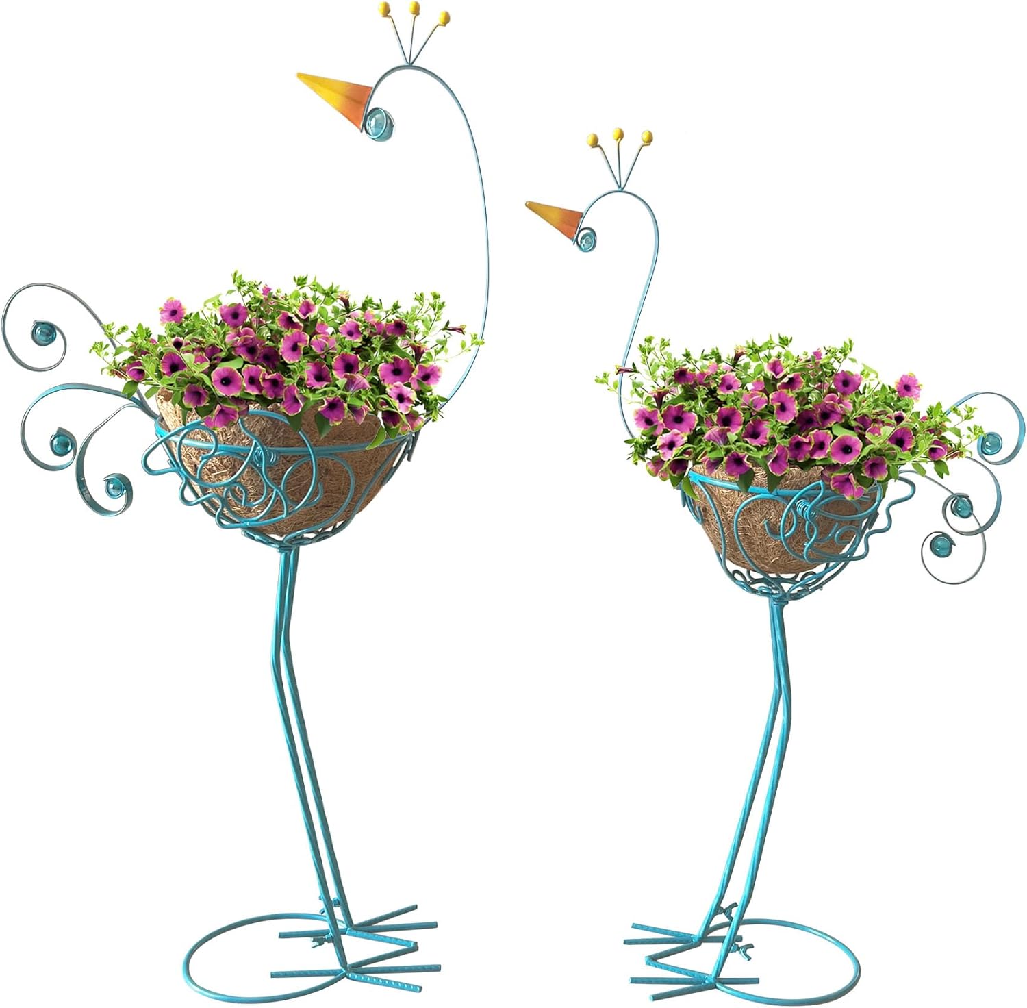 J-Fly Peacock Metal Plant Stand 2 Sets Flower Pots Holders, Planters for Outdoor Indoor Plants with Coconut Pots, Front Porch Garden Balcony Patio Decor for Plant, Valentine Decoration Gifts