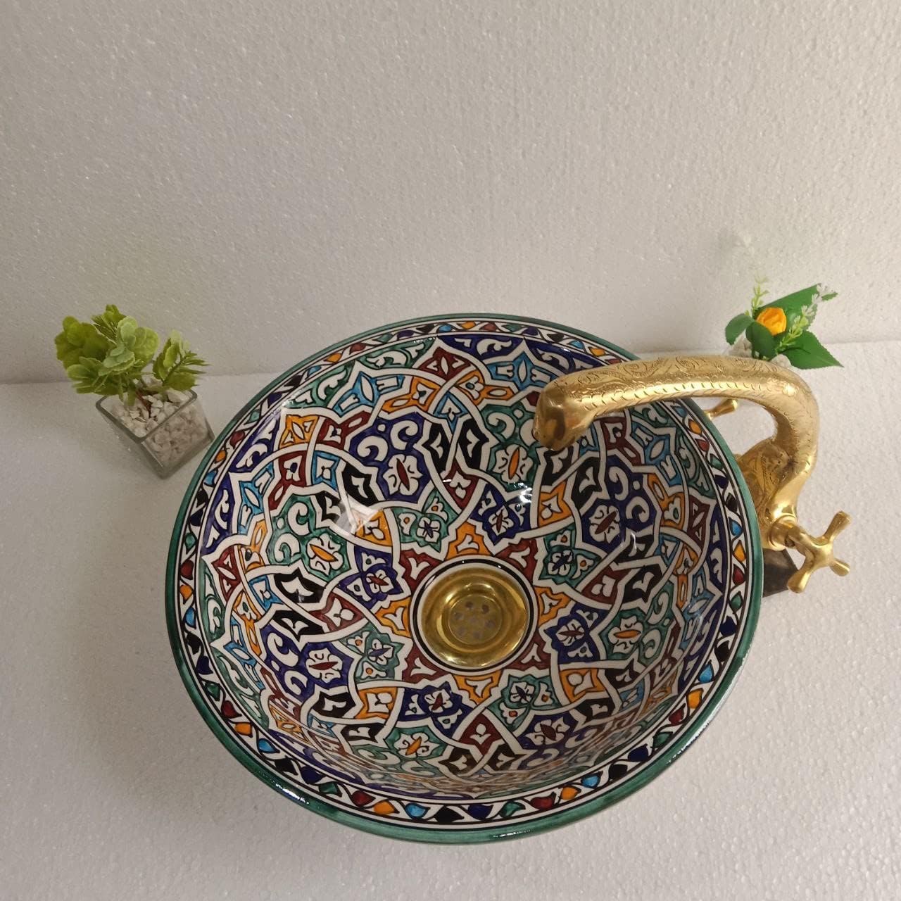 Berber Moroccan Premium black and white Custom Mosaic Sink, Artisanal Bathroom decor Round Painted vessel sink, Amazing crafted Ceramic Berber Sink (8 INCHES)