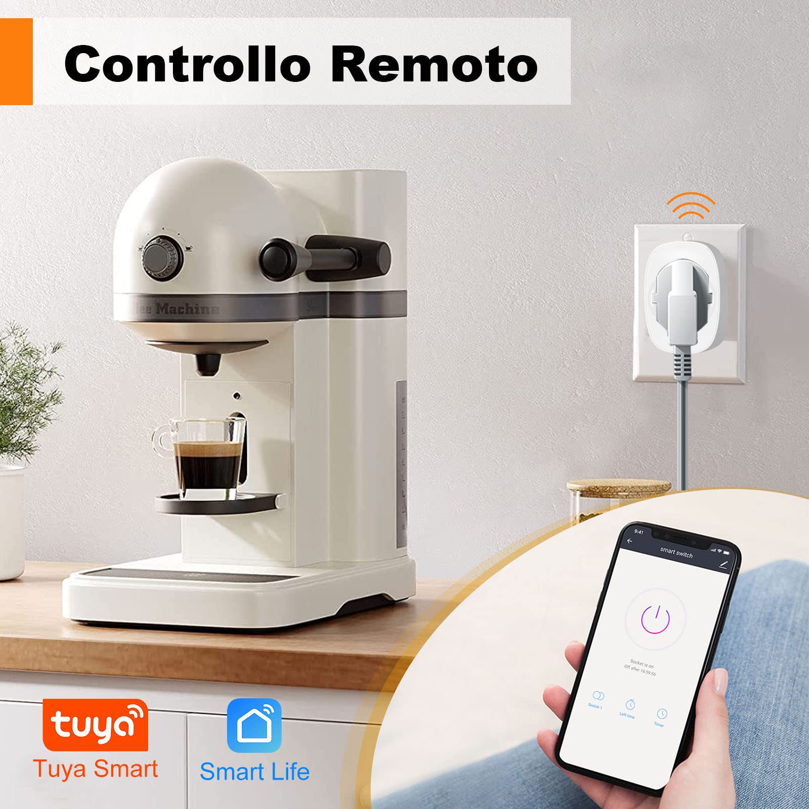 SURFOU Prise intelligente WiFi, prise électrique intelligente italienne de type L avec minuteur, compatible avec Alexa et Google Home, fonction temporisée domestique avec compteur de consommation,
