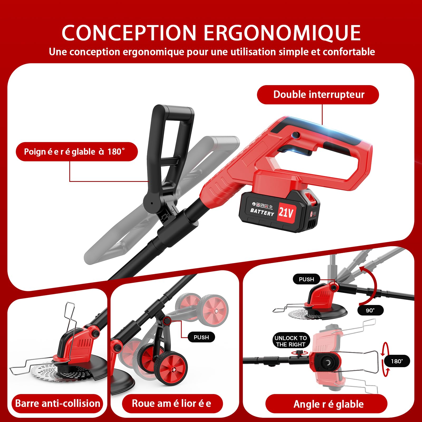 Lacoco 12 Pouces Débroussailleuse à Batterie Debroussailleuse Électrique sans Fil 850W avec 2 * 3.0Ah Batteries 4 Types de Lames Roues Réglable Coupe Bordure Coupe-Herbe à Gazon pour Pelouse Jardin