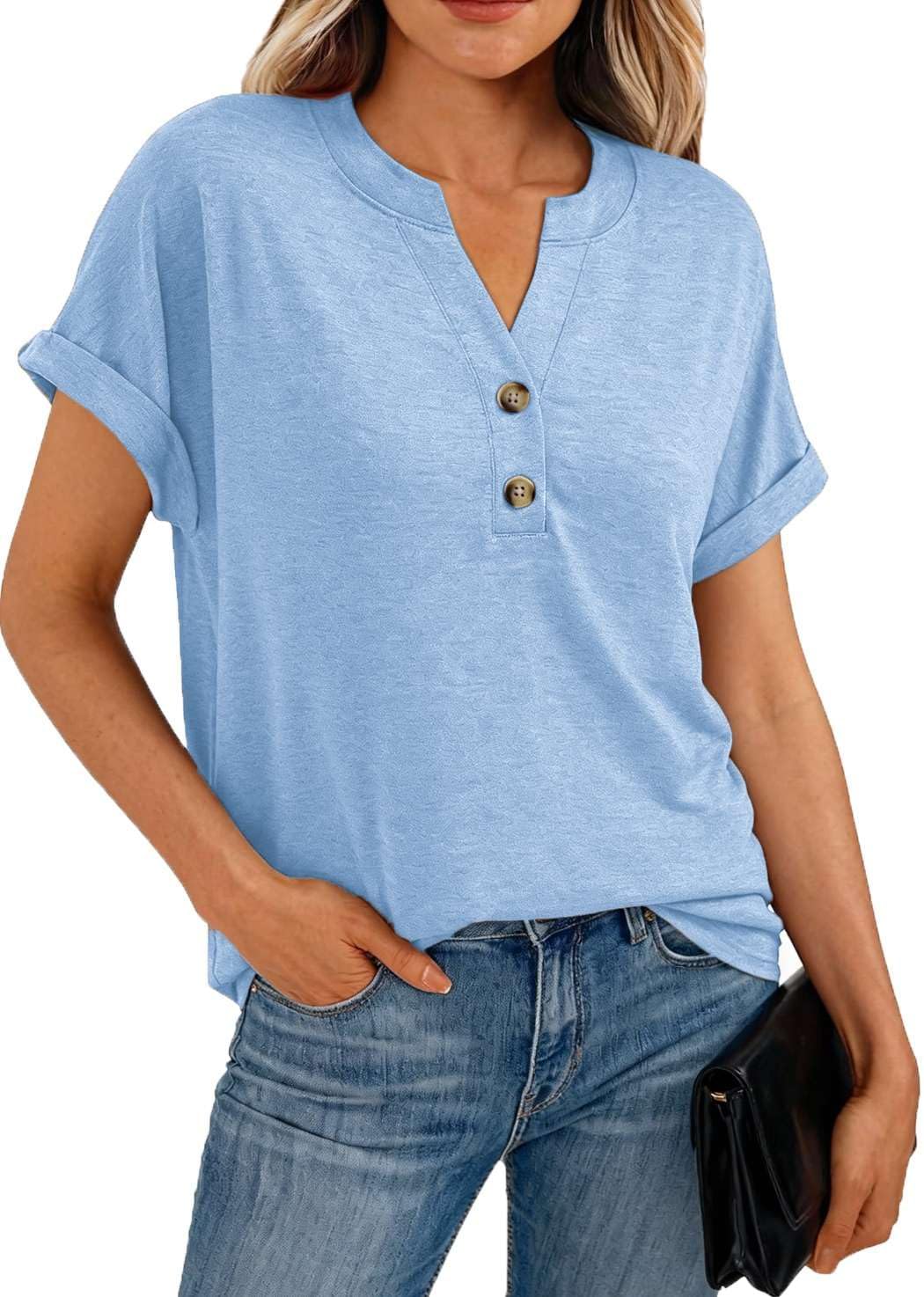 Fololy Damen Shirts Sommer V-Ausschnitt Bluse Kurzarm Baumwolle Oberteile elegant Tops