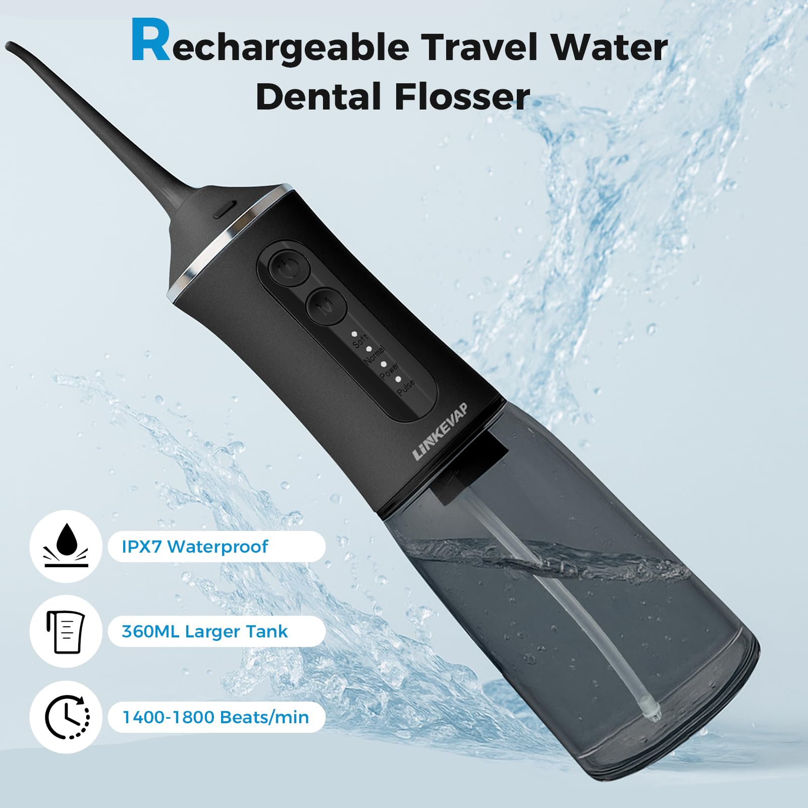 LINKEVAP Irrigador bucal de viaje recargable de 360 ml, IPX7 impermeable para el cuidado dental diario para el hogar