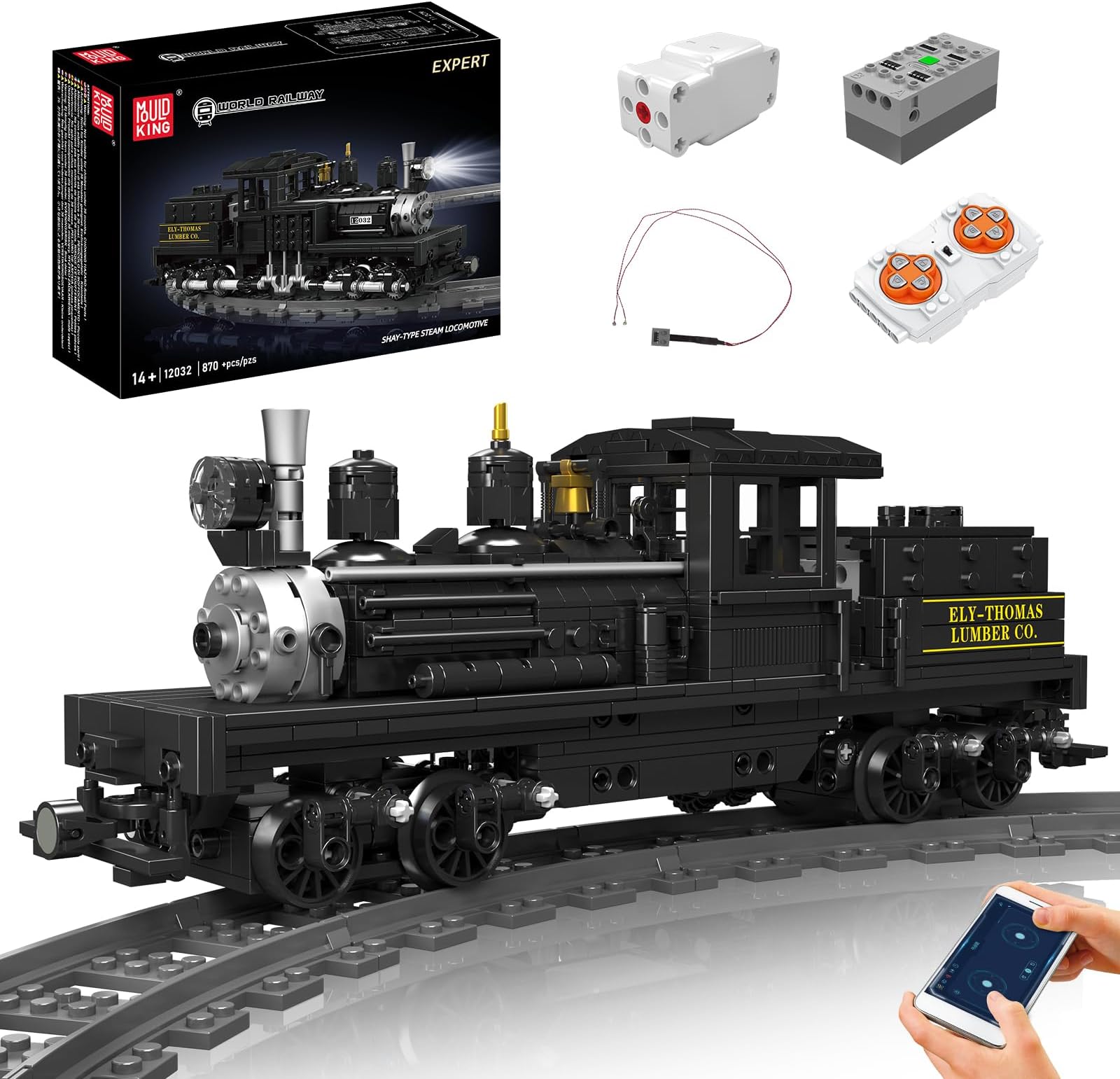 Shay-Type Steam Locomotive Building Set with LED Lighting, Remote/App Control Model Train Block Kit with Tracks, Engineering Toy Kit for Adults (880 PCS)