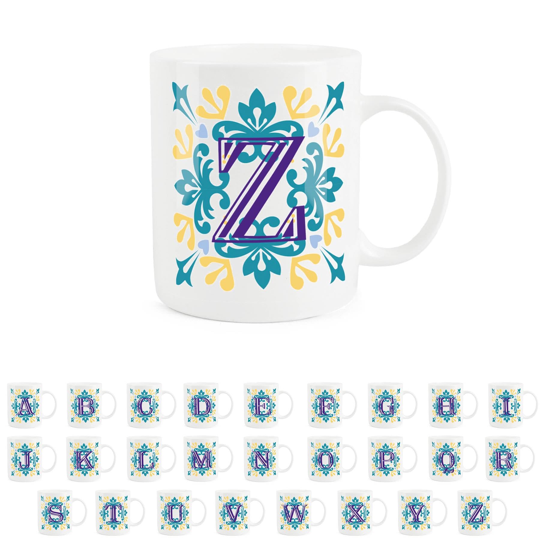 Purely Home Moroccan Tile Yellow & Blue Letter Z Mug - White Initial Personalised Alphabet Tea Coffee Bone China Mug