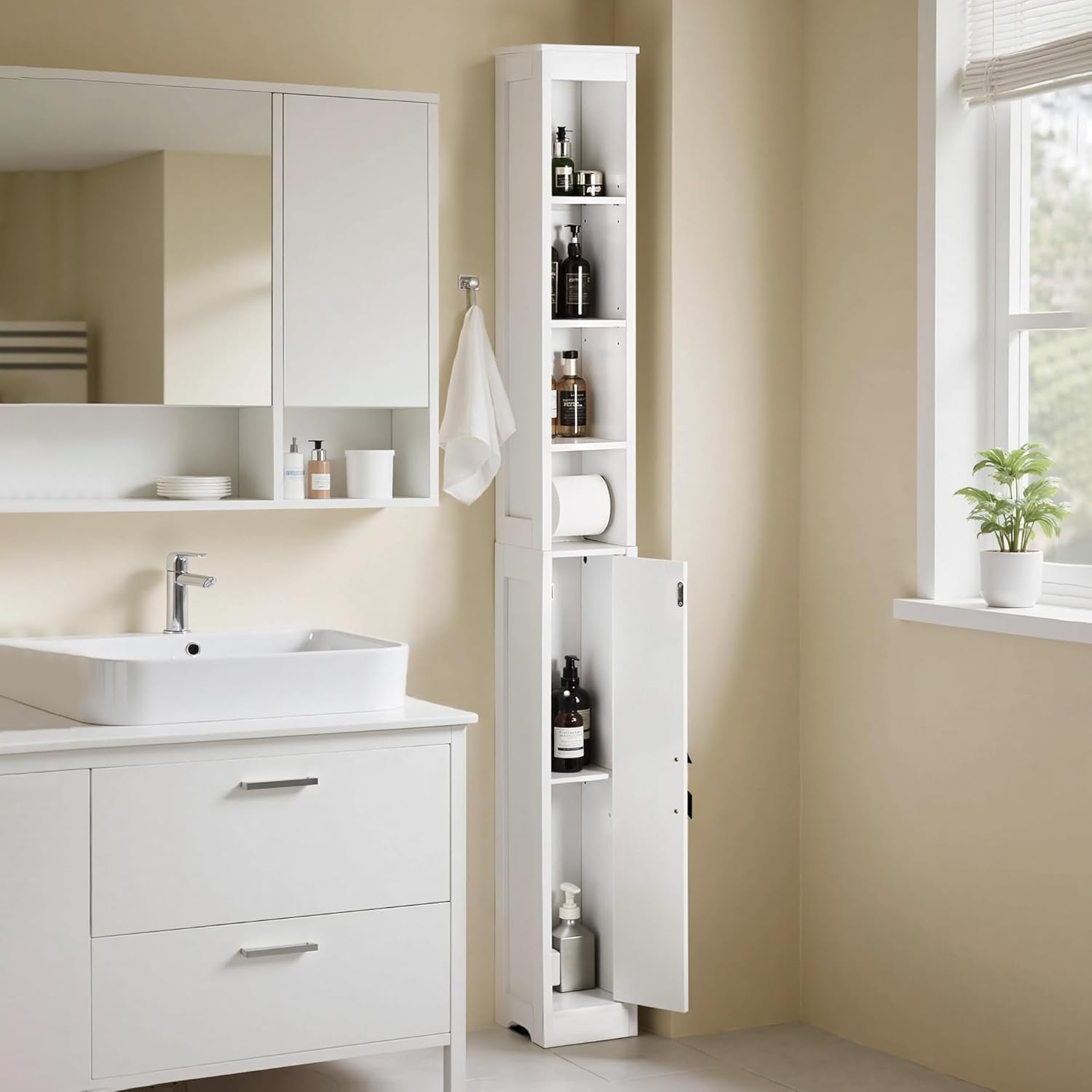 VECELO Storage Cabinet, 71" Tall Narrow Bathroom Cabinet with Adjustable Shelves, Toilet Paper Holder, Magnetic Door, for Small Spaces, Pearl White