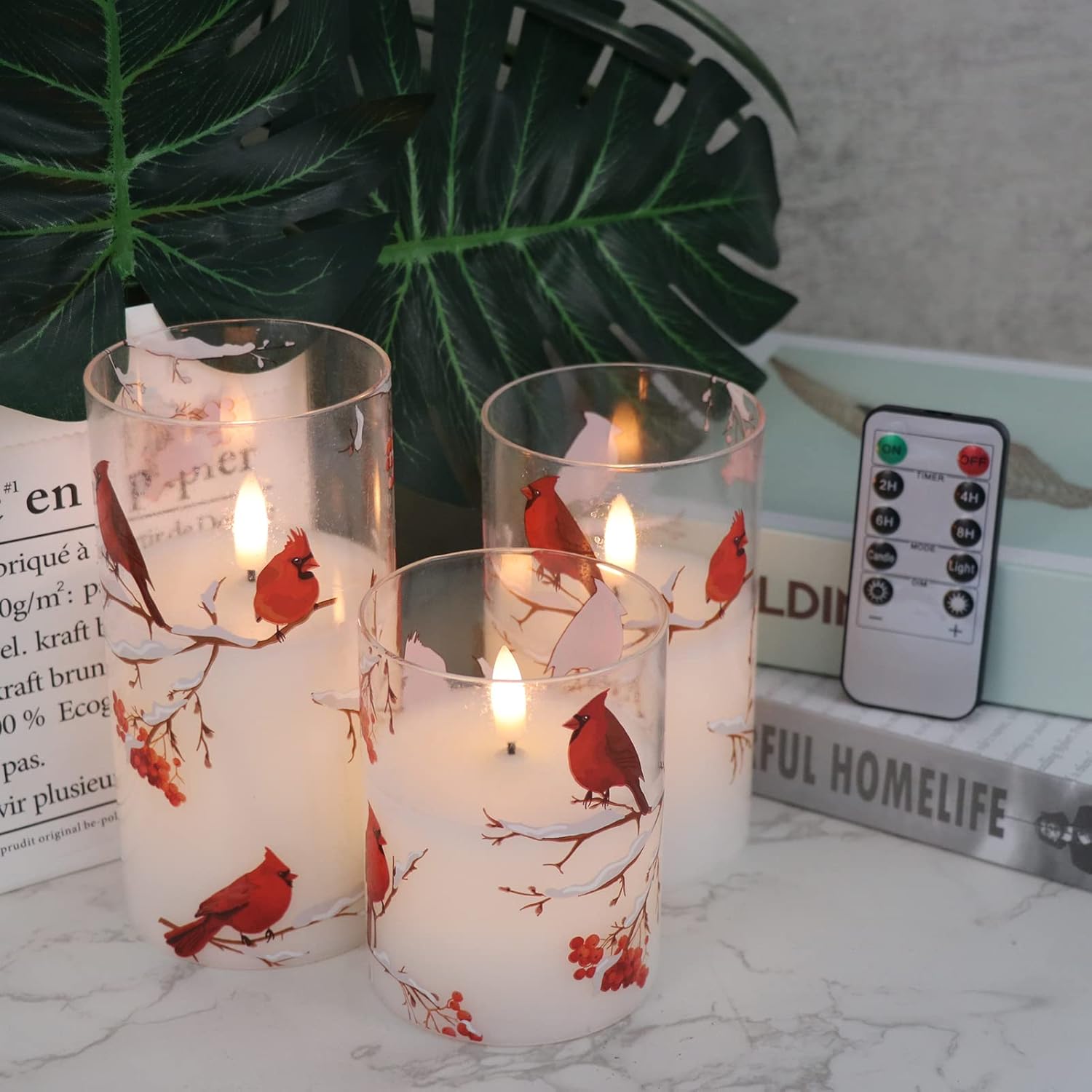 Cardinal Flameless Candles with Remote, Red Bird Glass Battery Operated Candles, Real Wax LED Candles with Flickering Flame, Cardinal Decor Gifts for Women Wedding Home(Pack of 3, 3��x4”5”6”) - Image 4