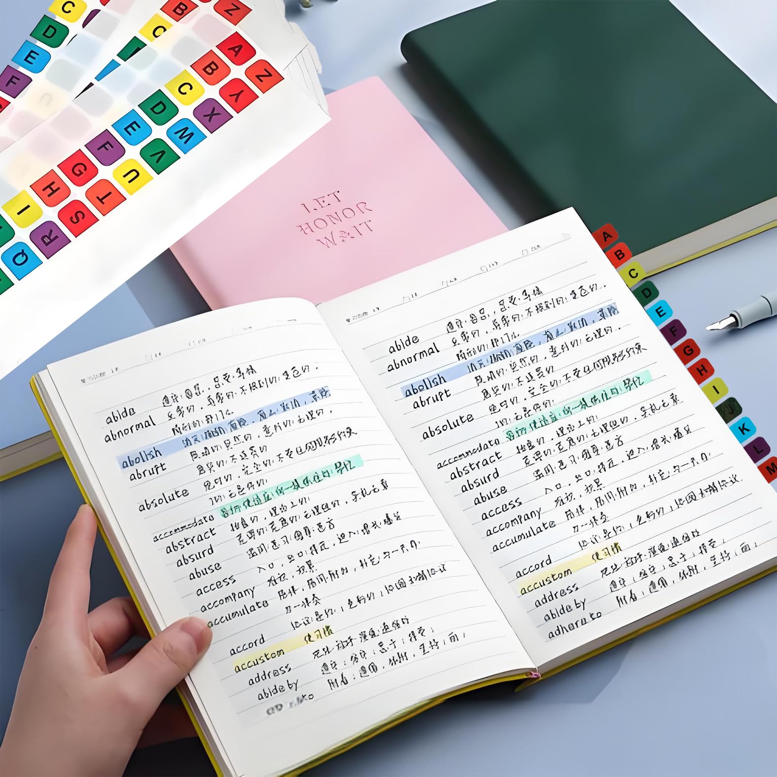 Lot de 208 onglets autocollants de l'alphabet de A à Z pour livres, onglets alphabétiques pour dictionnaire, fichier, carnet de notes (colorées)