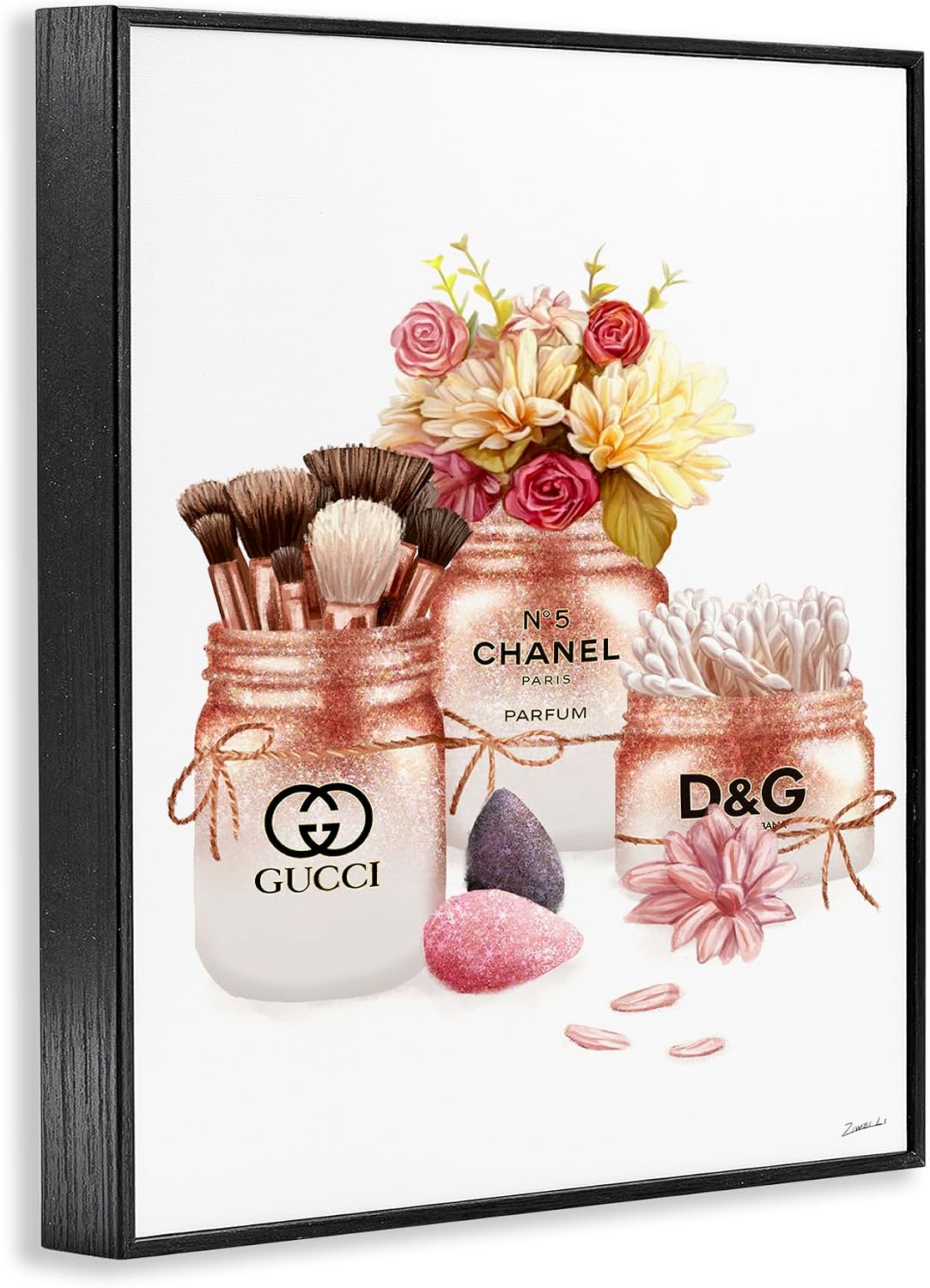 Stupell Industries 'Fashion Cosmetic Jars and Floral Bouquet', Framed Giclee Art, Black, 24 x 30 Inches, Easy to Hang and Sturdy, Made in USA, by Ziwei Li