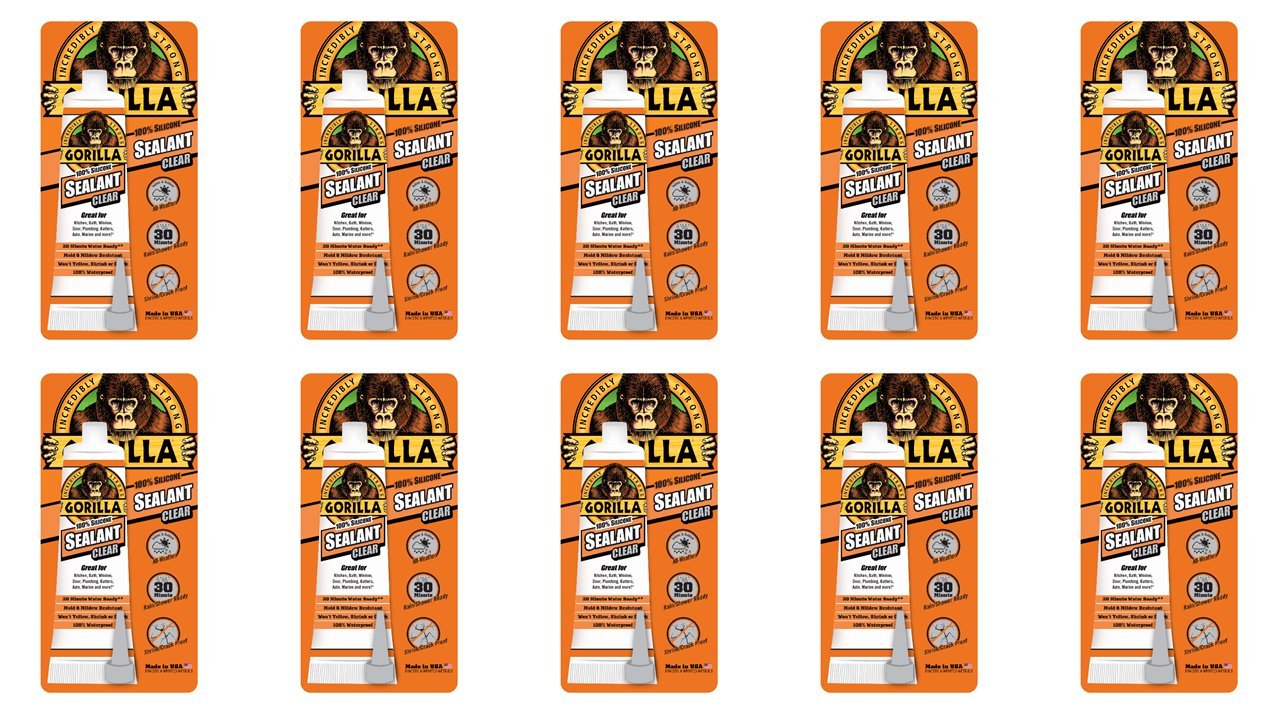 Gorilla 100 Percent Silicone Sealant Caulk, 2.8 ounce Squeeze Tube, Clear, (Pack of 10)