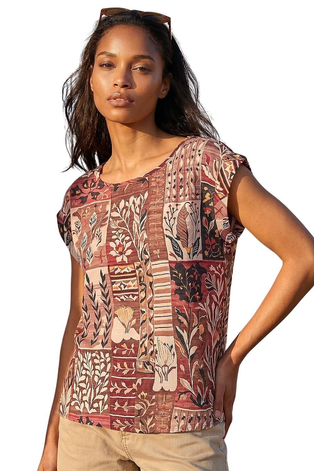 Roman Women's Mocha Patchwork Print Shell Top Size 18