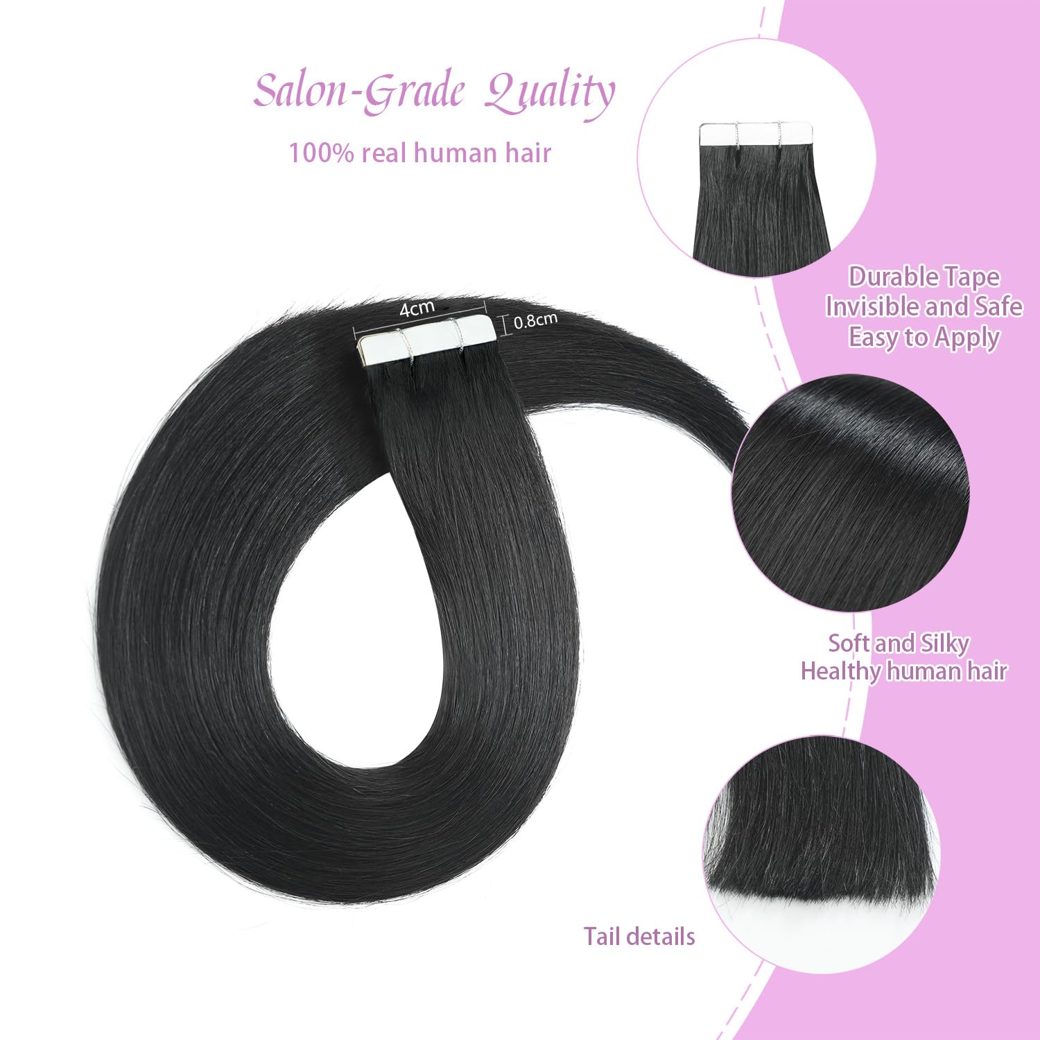 LieblichWelle Tape in Hair Extensions Human Hair Off Black 18 inch, 20pcs, 50g/Pack, Salon-Grade Quality - Image 3