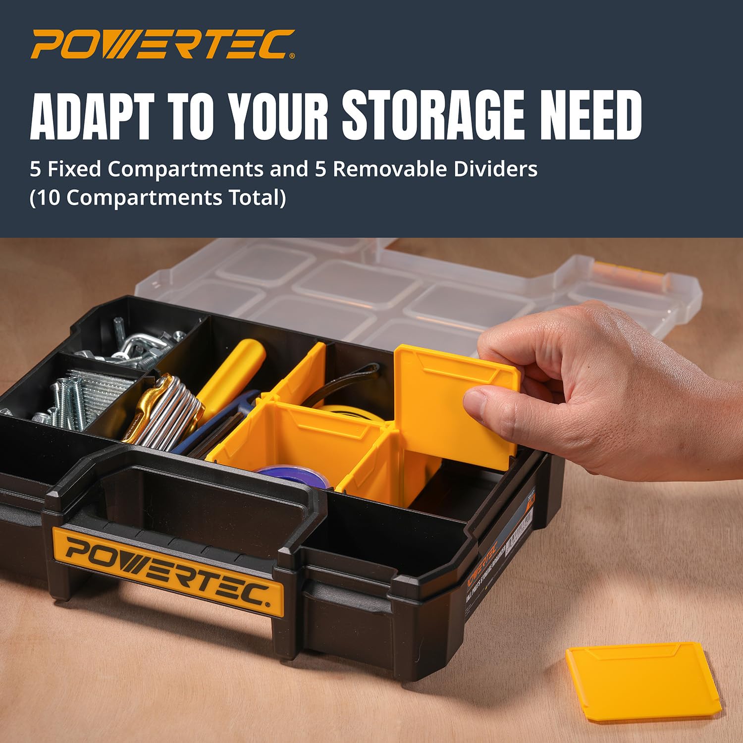 POWERTEC Organizer per piccole parti e cassetta degli attrezzi, 10 scomparti, impilabile con divisori rimovibili, coperchio trasparente, design portatile, confezione da 3 (72117-P3)