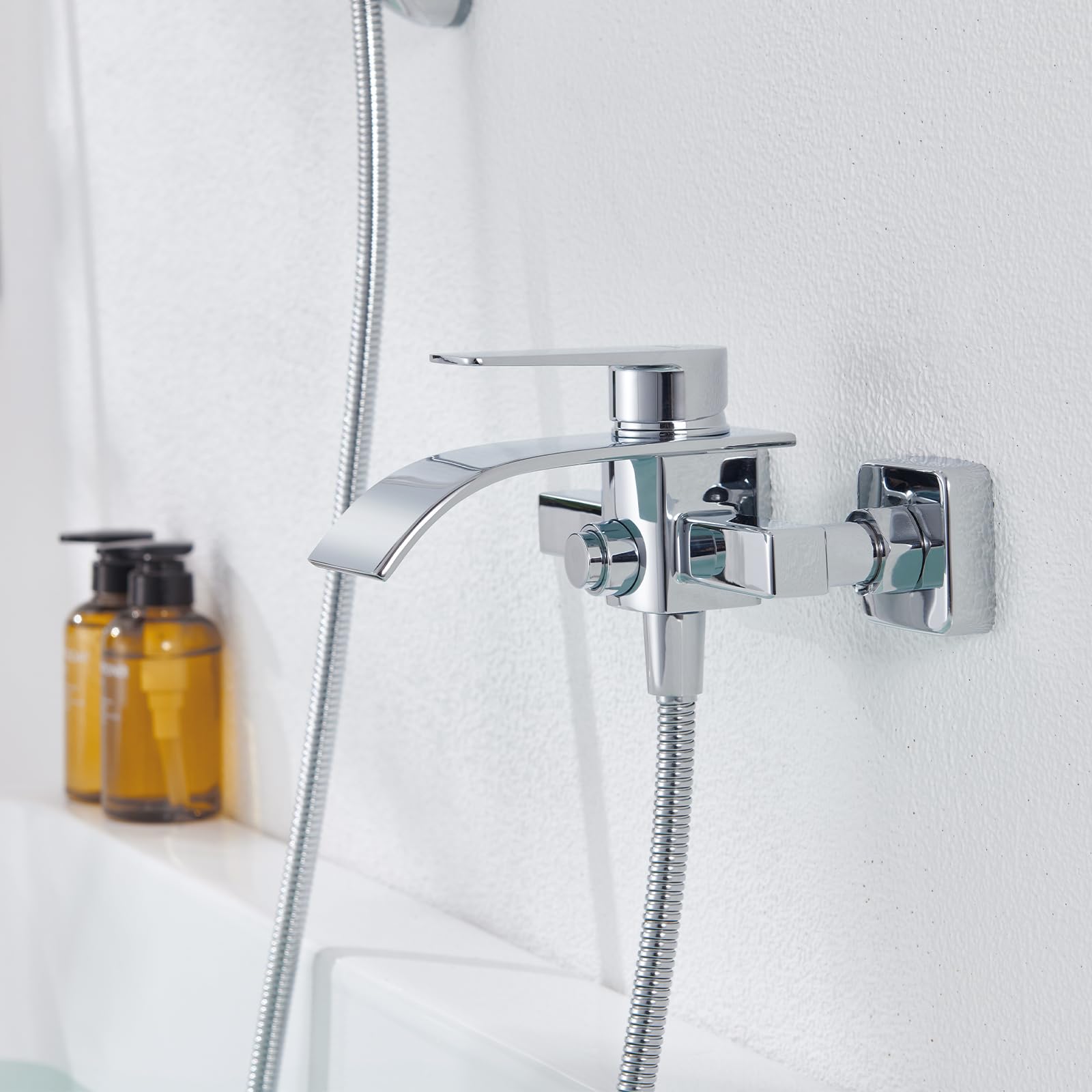 Rubinetto per Vasca da Bagno a Cascata, Miscelatore per Vasca da Bagno in Ottone, Miscelatore per Vasca con Interruttore di Pressione per Cambio, Monocomando per Vasca, Cromato
