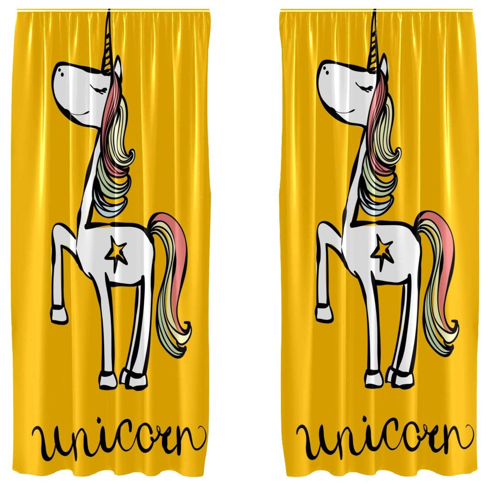 Rideau licorne jaune isolant et esthétique | Lot de 2 rideaux de chambre