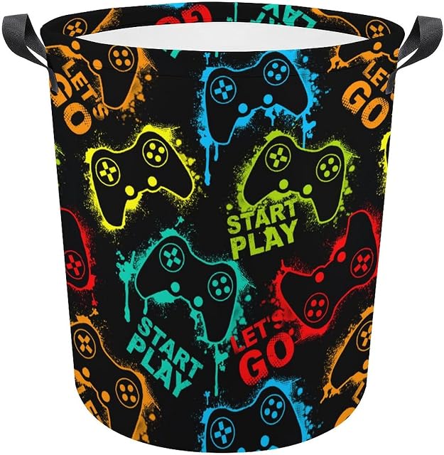 Funny Vedio Gamers Neon Gamepad Gift Oxford Laundry Hamper Collapsible Clothes Basket with Handles Portable Waterproof Bin for Bedroom Laundry Room Closet Bathroom College 16.5" × 17.3"