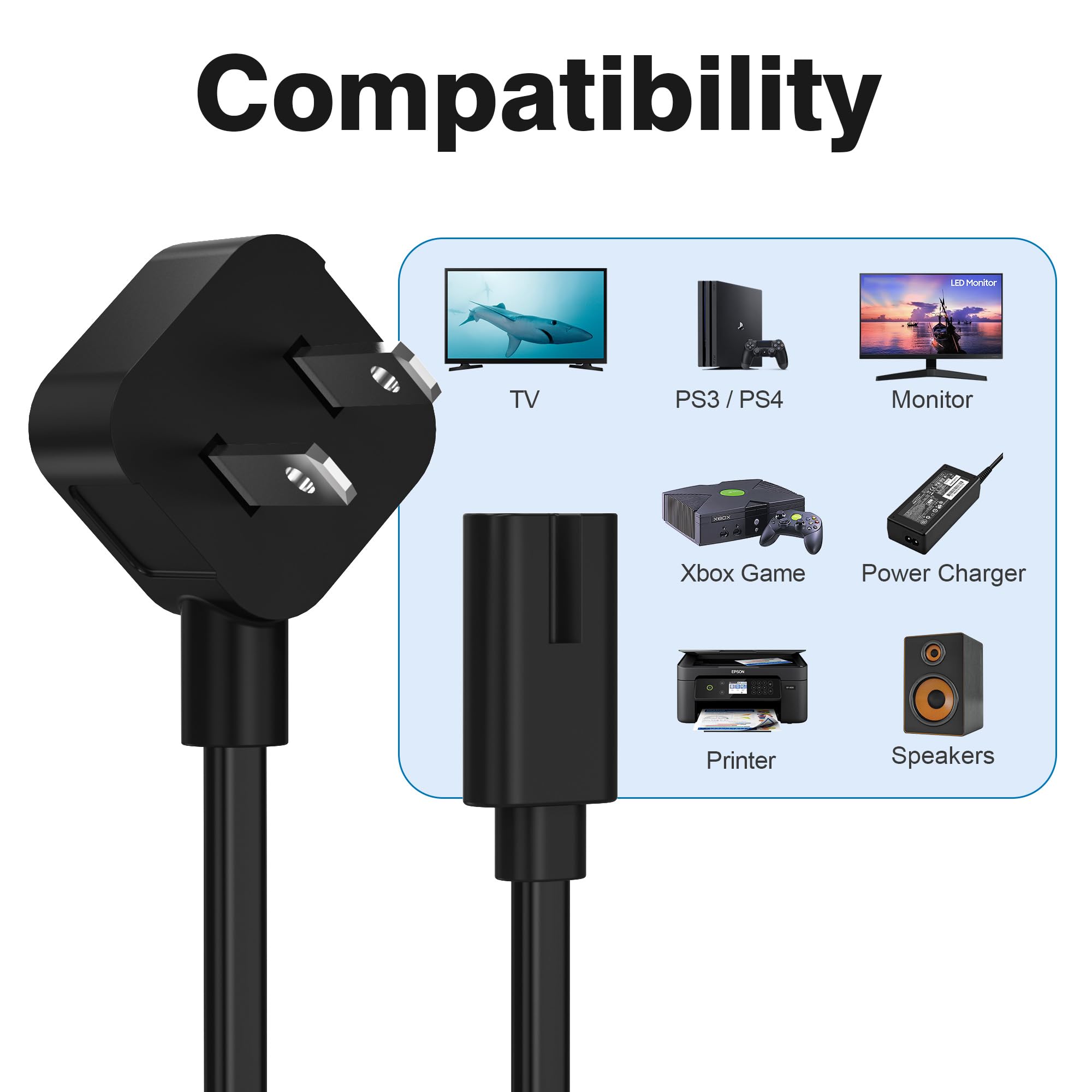 Amazon.com: AGVEE 5ft AC Power Cord, 90 Degree Flat Plug 2-Prong