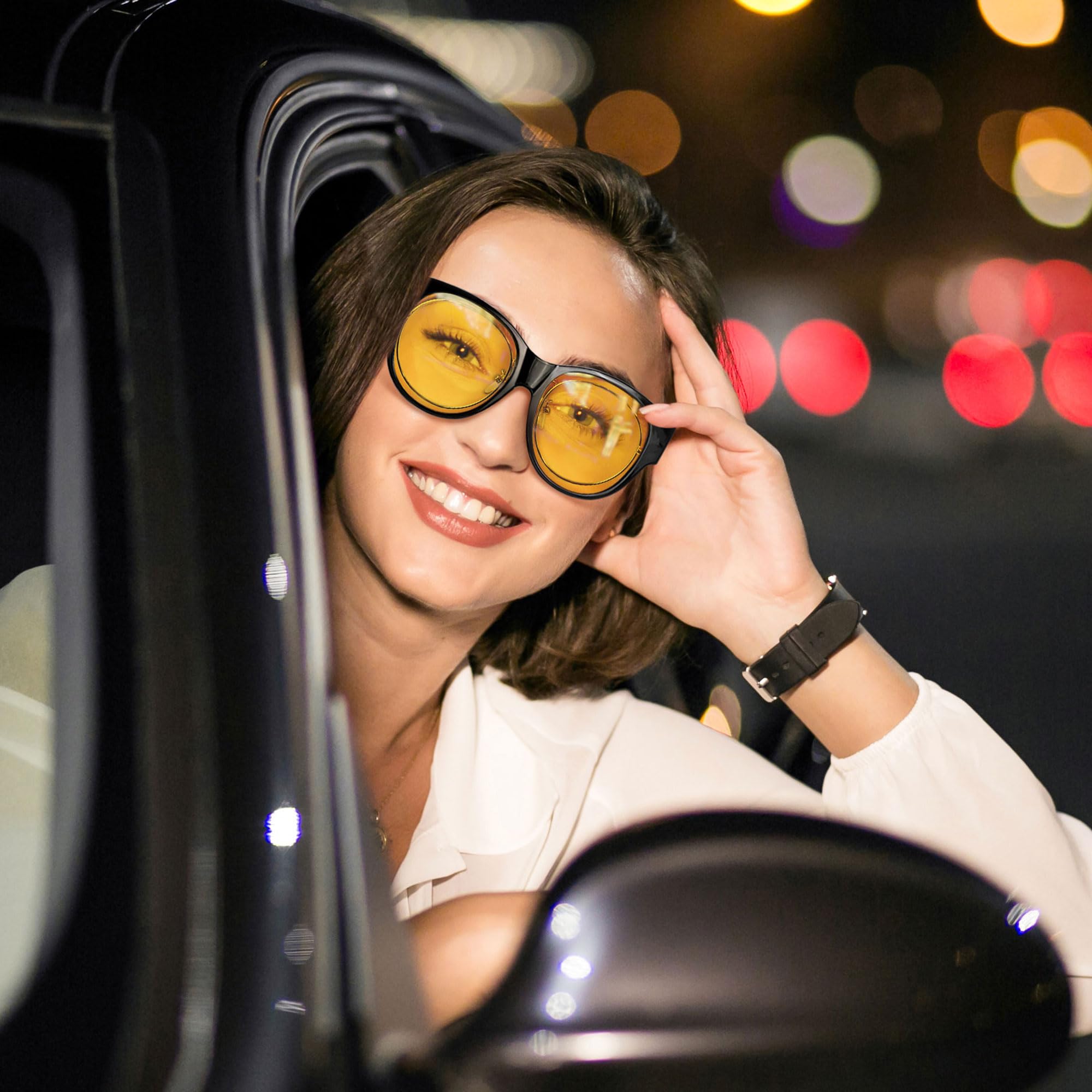 URUMQI Gafas de conducción de visión nocturna para hombres y mujeres, antirreflejos, polarizadas, lentes amarillas | Lentes polarizados antirreflejos, lentes tintados amarillos para conducción nocturna, marco redondo de ojo de gato