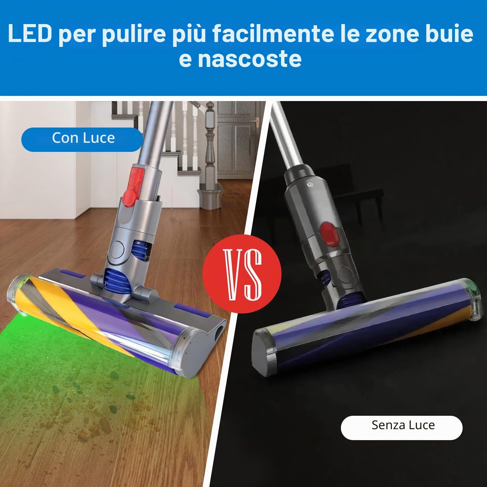 Spazzole per aspirapolvere Dyson V12 Detect Slim e Dyson V10 Digital Slim; queste spazzole dispongono di spazzole morbide e luce LED verde a copertura completa per parquet e moquette.