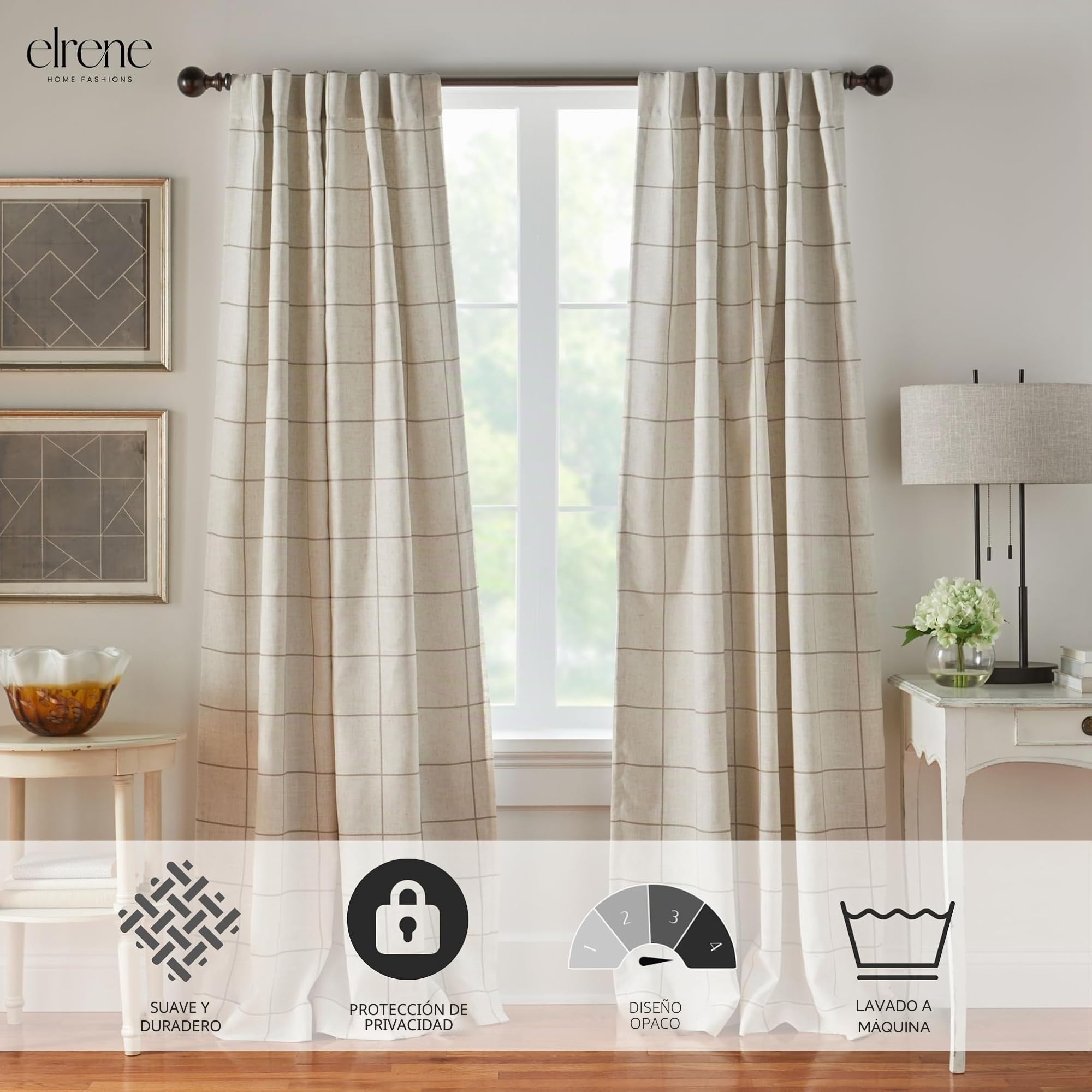 Elrene Home Fashions Brighton - Cortina Opaca a Cuadros para Ventana de Sala de Estar y Dormitorio, con pestañas de Bolsillo para Barra, 52 x 84 Pulgadas, Lino, 1 Panel